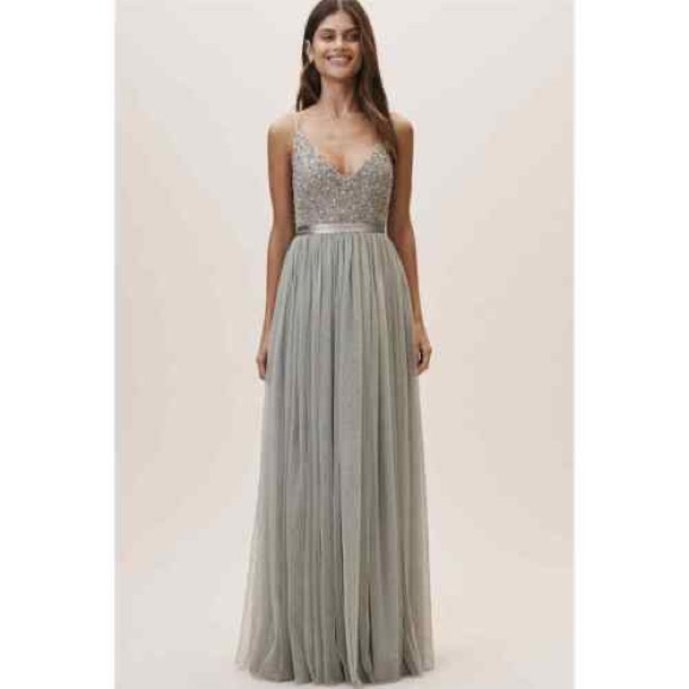BHLDN : Tulle High Waisted Silver Sequin Spaghetti Strap Maxi Dress - 16
